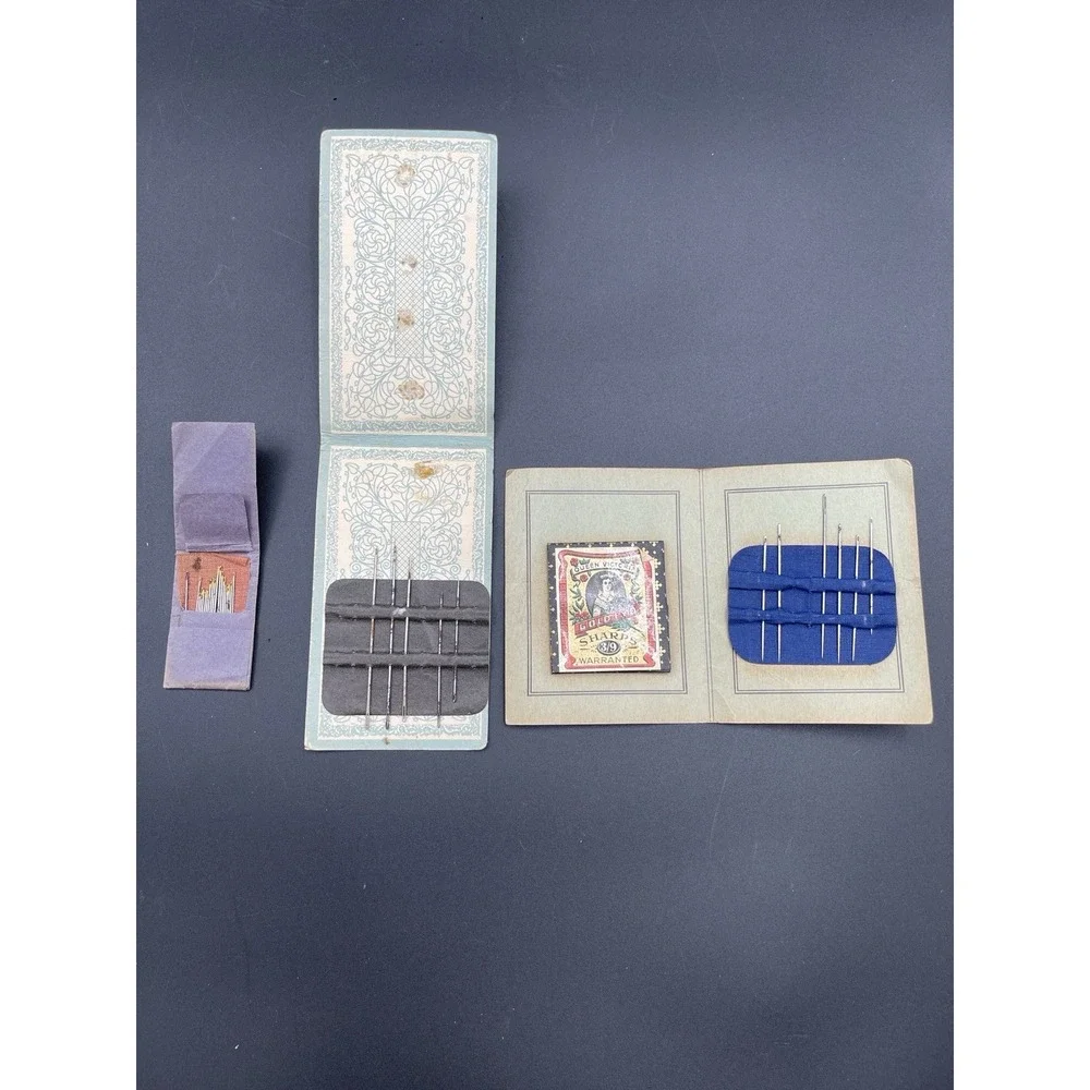 Antique Needle Book Lot Home Needle Case Gold Eye Sharps Green Stamps